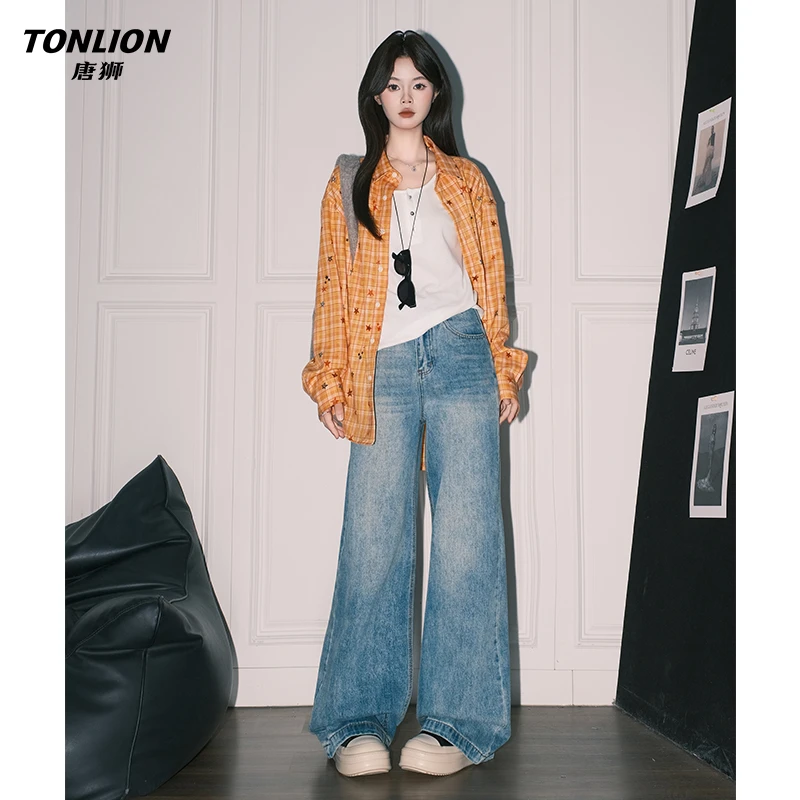 唐狮今年流行复古蓝阔腿牛仔裤女夏季新款高腰垂感美式窄版弯刀裤