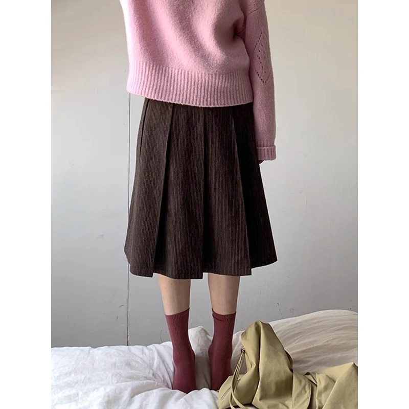 耶古日系竖条纹咖色半身裙女秋冬季款肌理感百褶裙子高腰a字伞裙