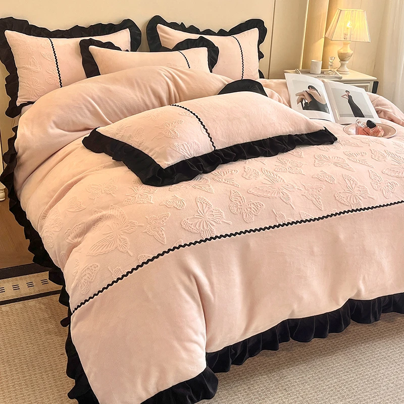 加厚A类牛奶绒拼接雕花绒四件套双面绒被套床单床笠宿舍床上用品4