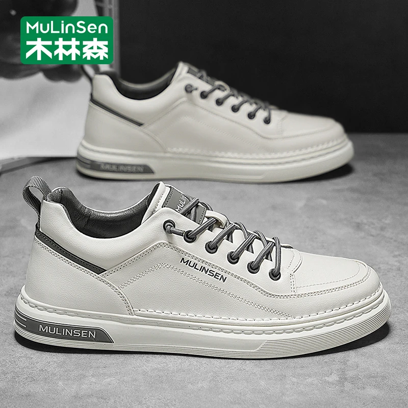 木林森小白鞋男2025新款秋季皮面休闲工作软底一脚蹬运动男士板鞋
