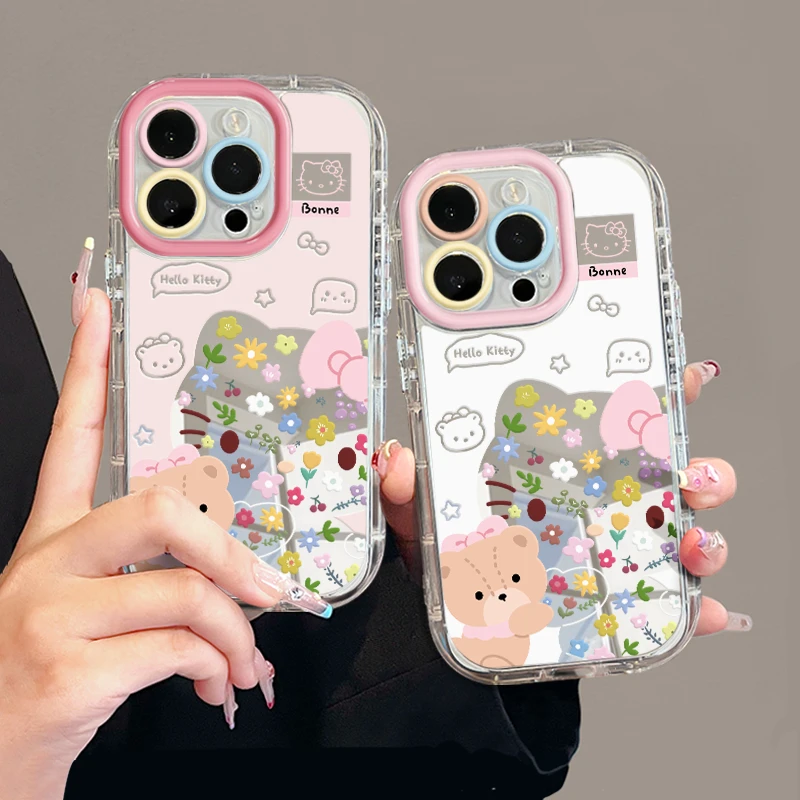 抱抱熊碎花kt适用苹果17pro手机壳16pm镜面华为p80奶油oppo小米15