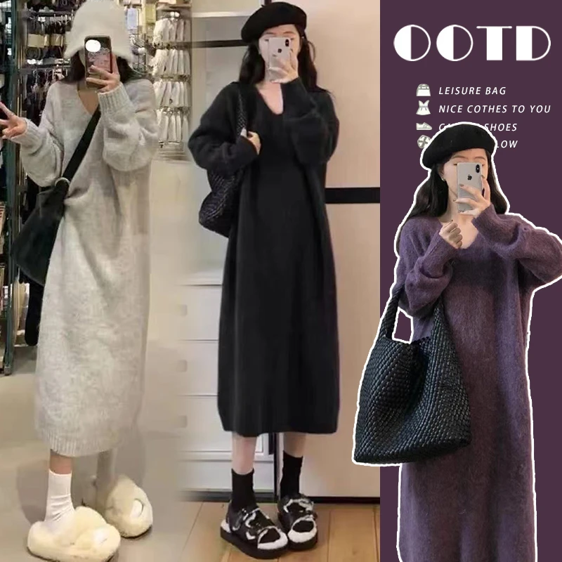 孕妇装春秋款新款宽松显瘦时尚针织毛衣连衣裙宽松直筒中长款裙