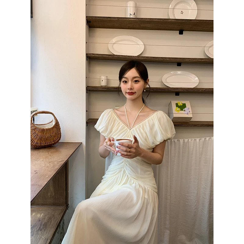 NEWOPEN夏季法式名媛绝美v领气质收腰褶皱连衣裙女S5088