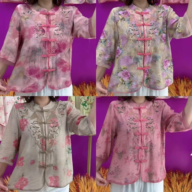 M 小圆领植物花卉短款民族风中老年女装盘扣美衫