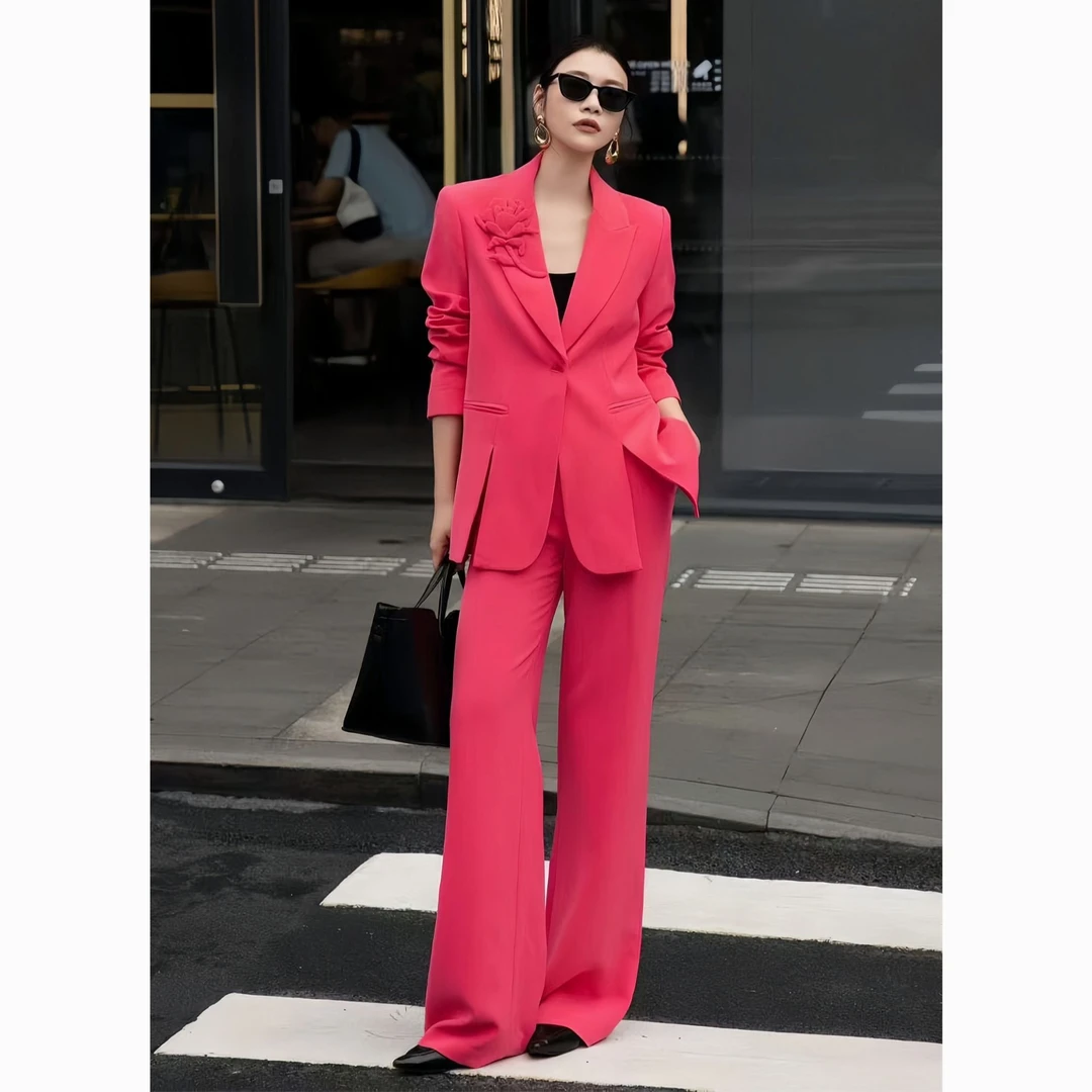 ZEROYK轻职风时尚套装秋季新款设计感立体花朵西服阔腿裤两件套