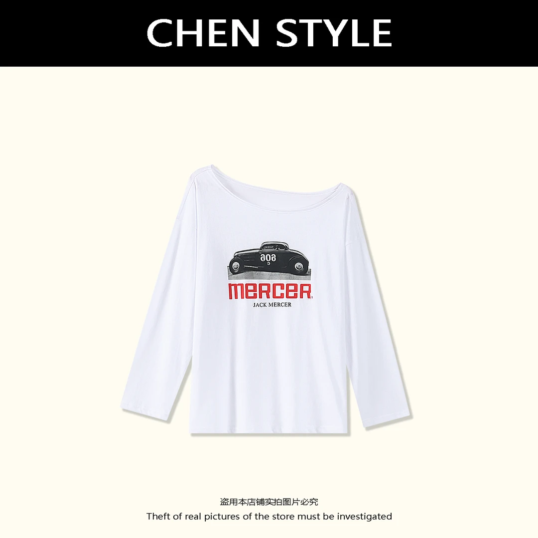 楚楚君【兰博基尼】夏款斜肩宽松汽车印花防晒长袖T恤T58223