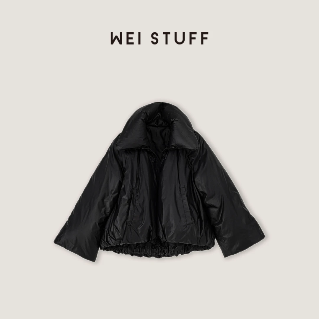 WEI STUFF“小蘑菇”90白鸭绒黑色宽松蓬蓬磁吸立领羽绒服 6811.