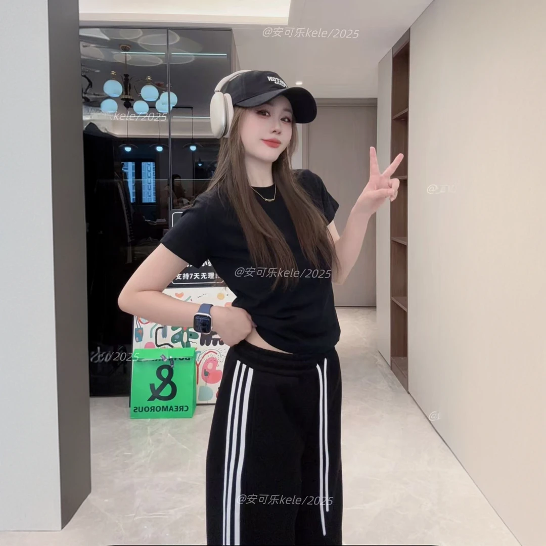 正肩短袖t恤女夏2026年新款黑色圆领内搭夏季纯色百搭打底衫上衣