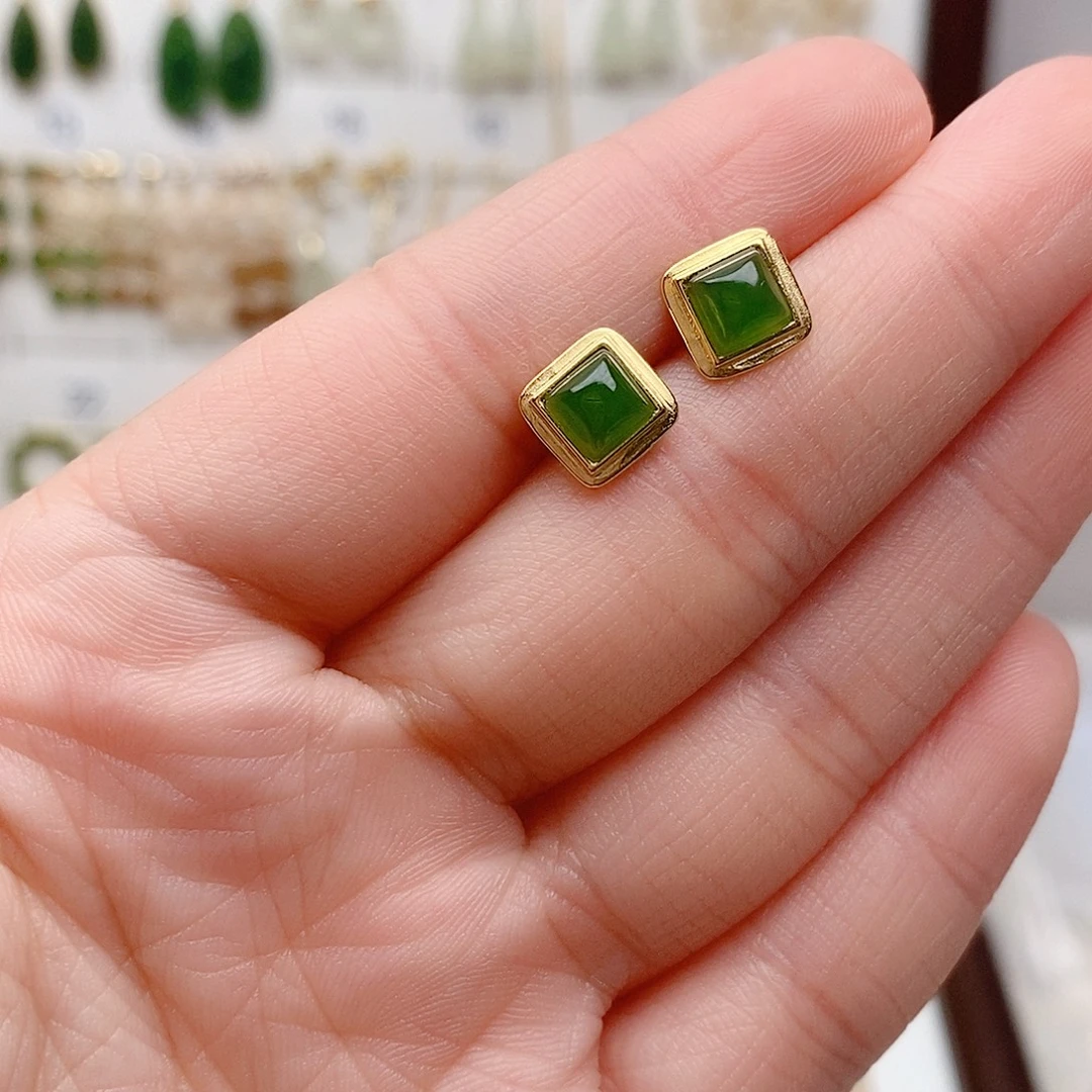 和田玉银S925镶嵌耳饰