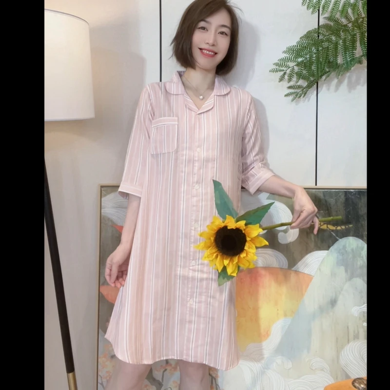 『悠格』春夏纯棉简约条纹长款衬衫裙家居裙MY0037