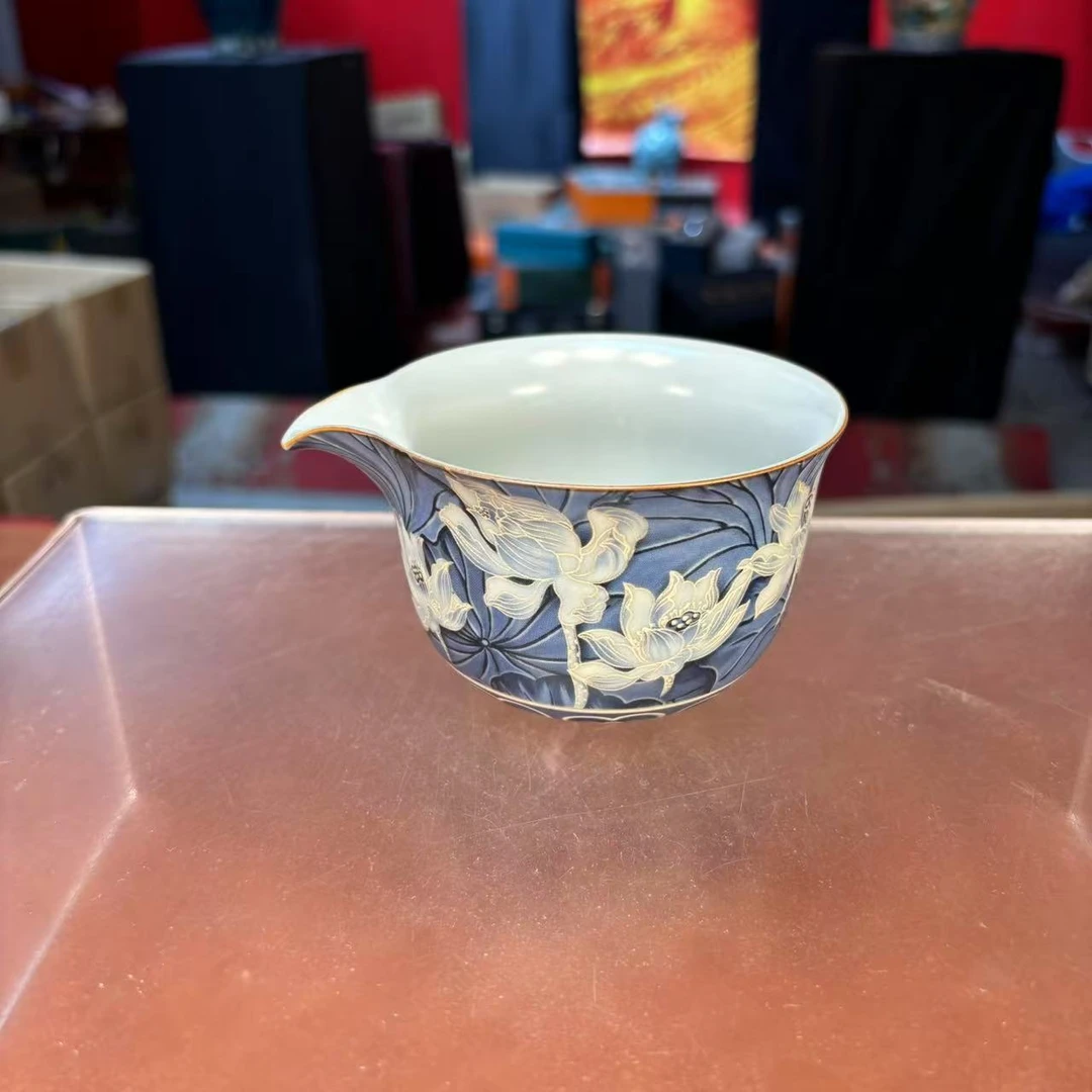 秋香茶具 掐丝银蓝彩荷花公道杯茶水分离杯-6088