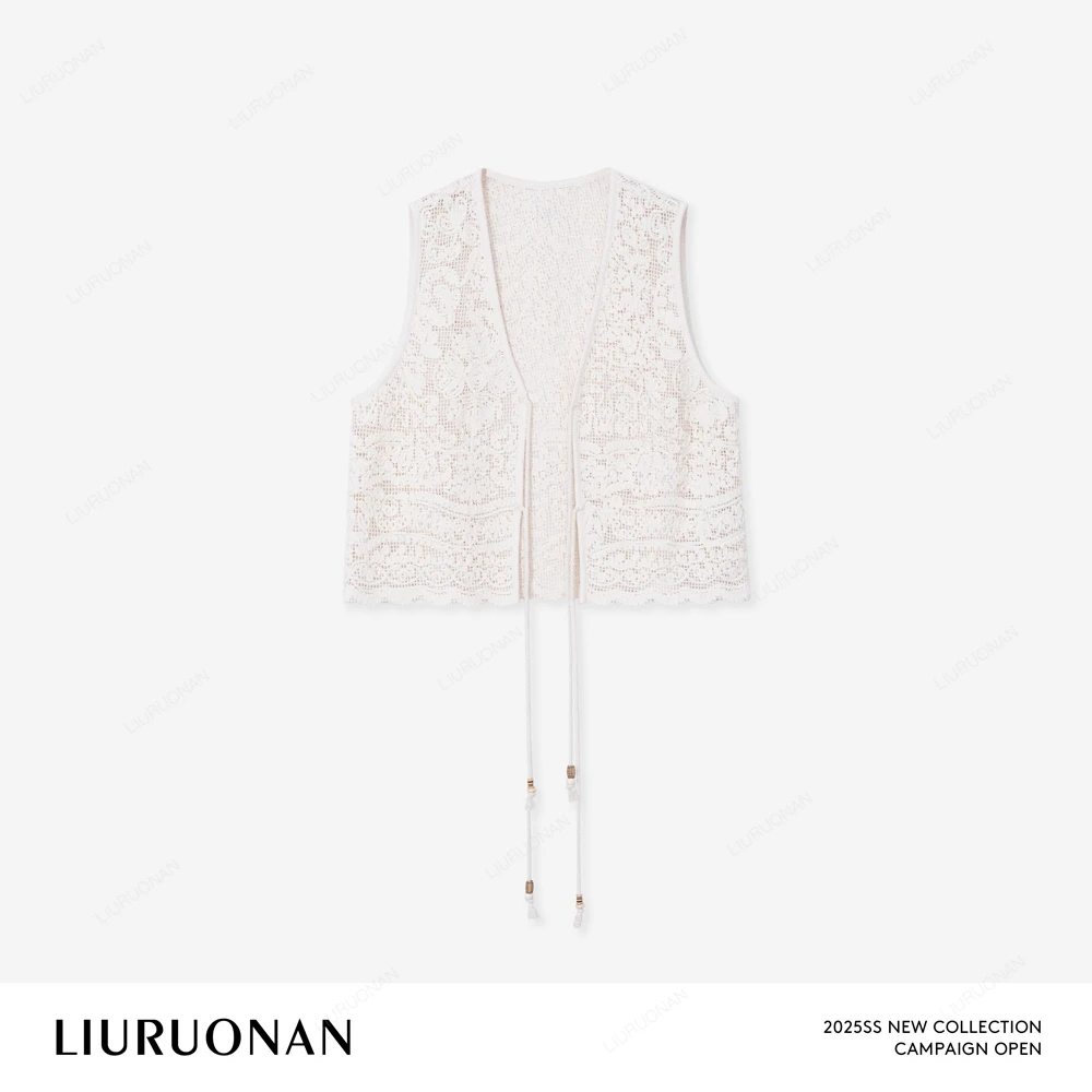 LIURUONAN 25SS 【普罗旺斯】镂空立体刺绣蕾丝V领系带马甲/NO机洗