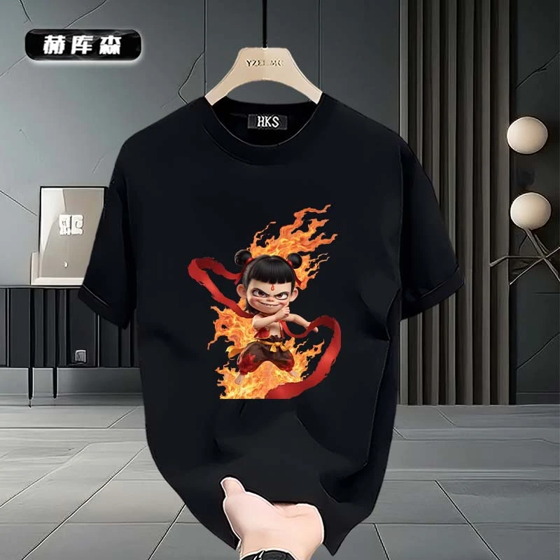 赫库森男女同款痞帅印花纯棉短袖时尚宽松休闲百搭T恤Ins正肩半袖