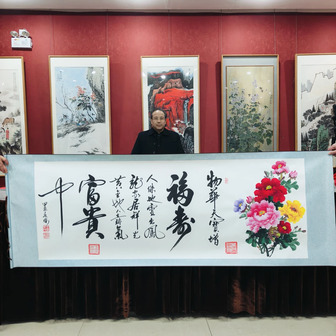 田广杰：《牡丹小长篇》手绘牡丹书法70*200厘米卷轴装裱