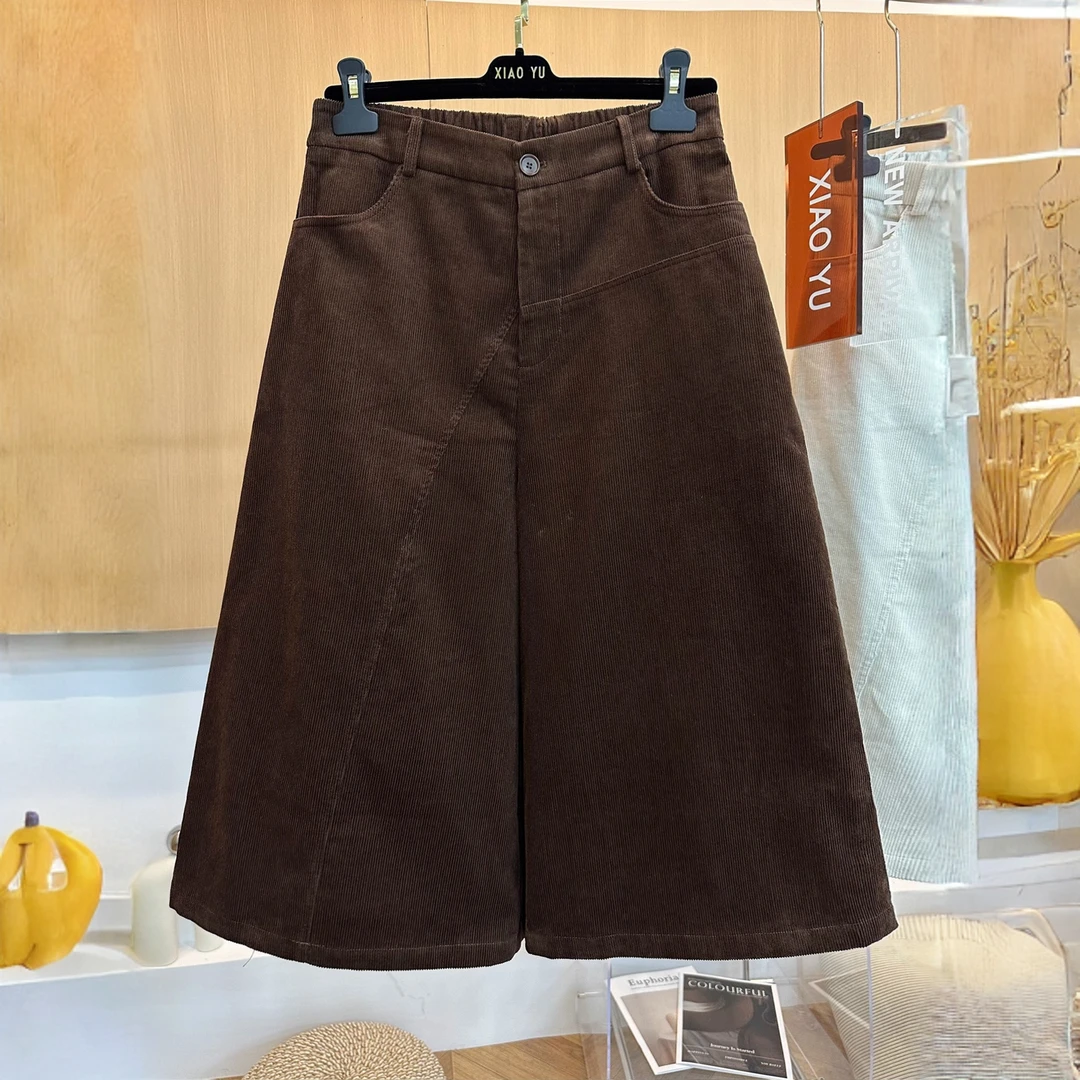 高端欧货2025年秋季新款半松紧高腰a字休闲灯芯绒阔腿裤女七分裤