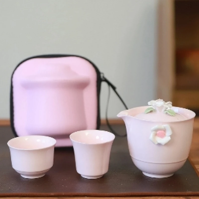 KK0331-粉色捏花旅行套瓷防烫（粉包）b386车载茶具便携式