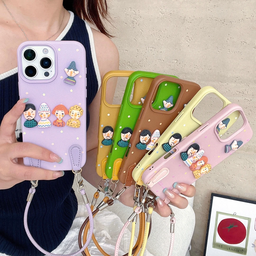 波点多巴胺公仔手提适用苹果华为手机的立体卡通公仔挂绳手机壳