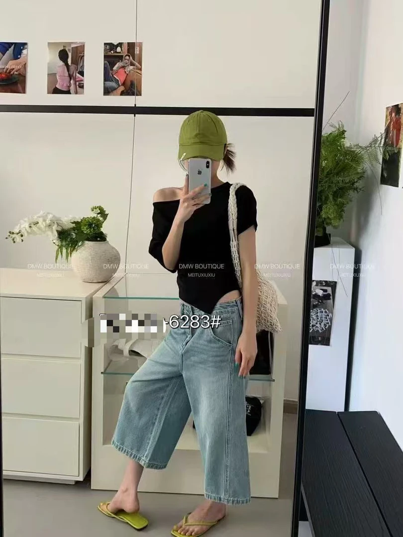 夏季甜辣妹不规则斜肩短袖T恤女遮肉显瘦时尚上衣