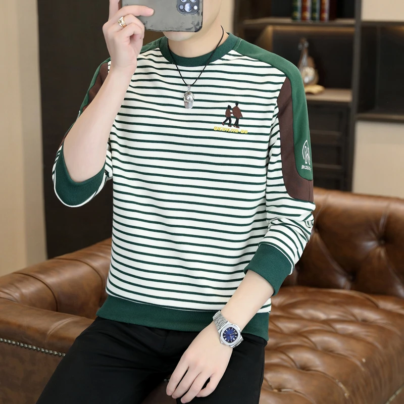 高档秋冬季圆领条纹拼接卫衣男士时尚潮流百搭打底衫体恤男装2515