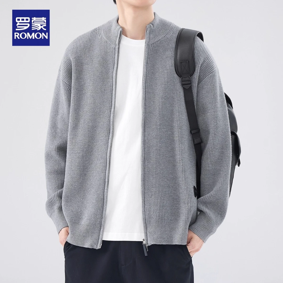 Romon/罗蒙半高领毛衣男2025年春秋款重磅高级感立领针织开衫外套