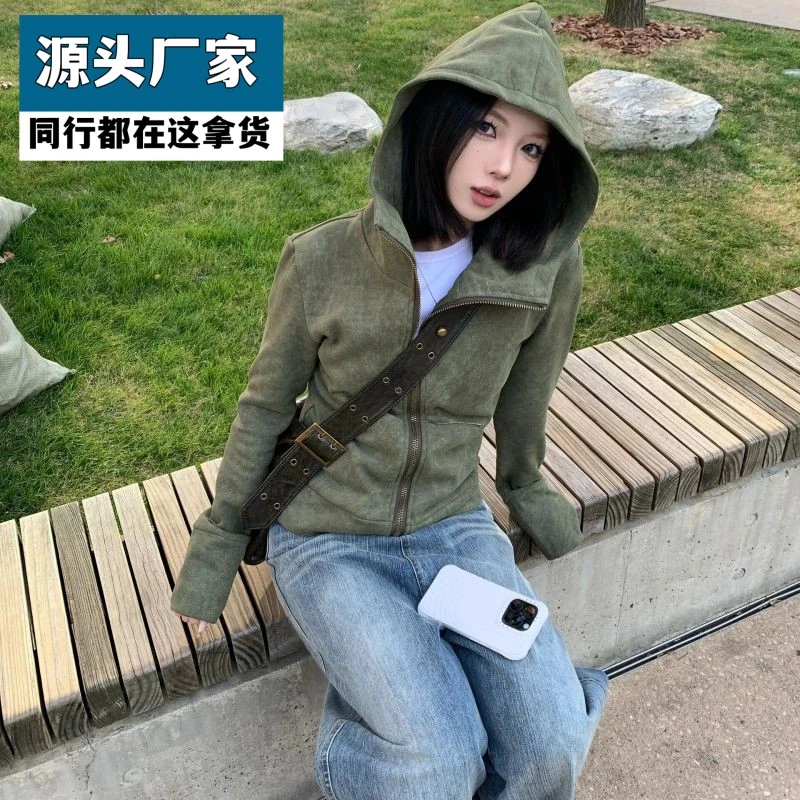 梵乐芬时尚设计感复古连帽开衫外套女春季甜辣妹拉链上衣气质显瘦