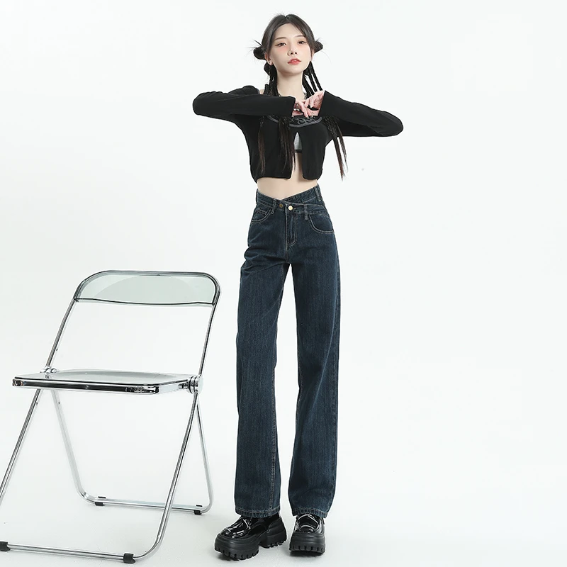 双裤头不规则高腰阔腿显瘦牛仔裤女2025秋季新款直筒宽松蓝灰百搭