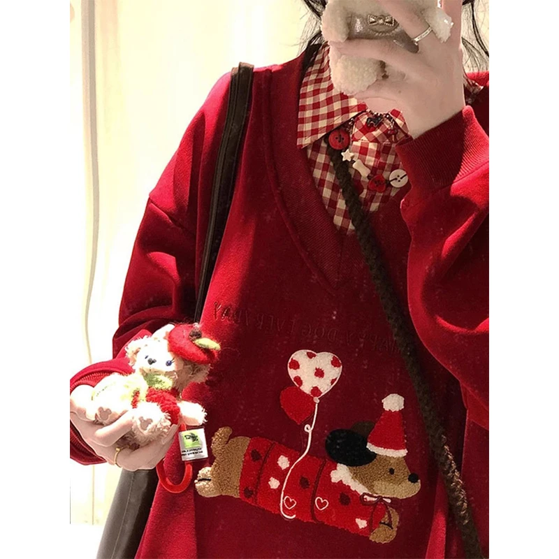 红腊肠小狗刺绣假两件衬衫领卫衣男女宽松大码300斤加绒情侣上衣