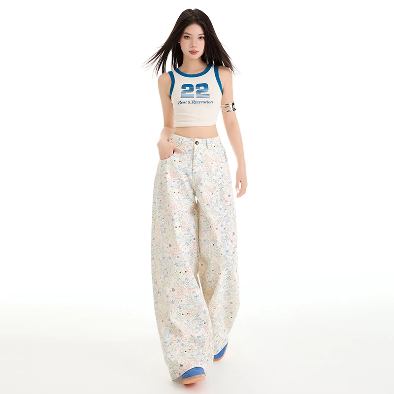 木叶晴2025夏日系印花涂鸦牛仔裤女显瘦直筒拖地裤