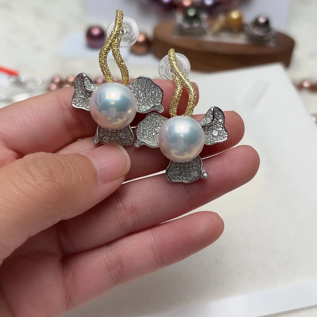 淡水珍珠耳饰银S925镶嵌14-15正圆极光赛澳白