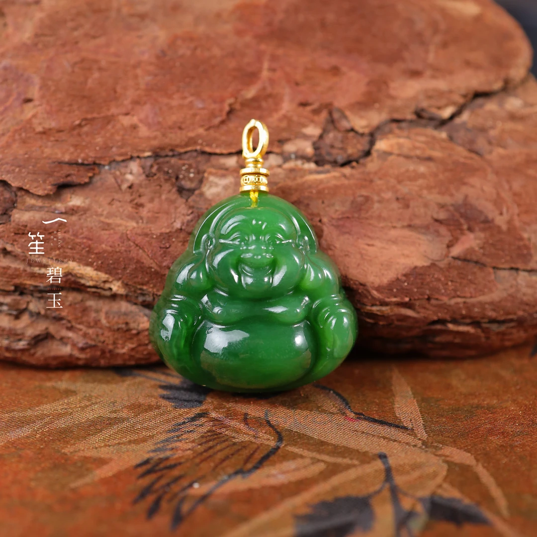 【一笙珠宝】35点位天然和田玉碧玉佛公吊坠18k金镶嵌（微黑点）