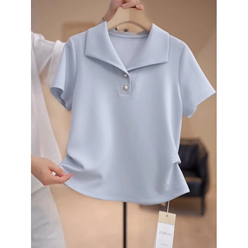 2025夏季新款小众百搭上衣设计感翻领扣休闲风收腰显瘦短袖T恤女