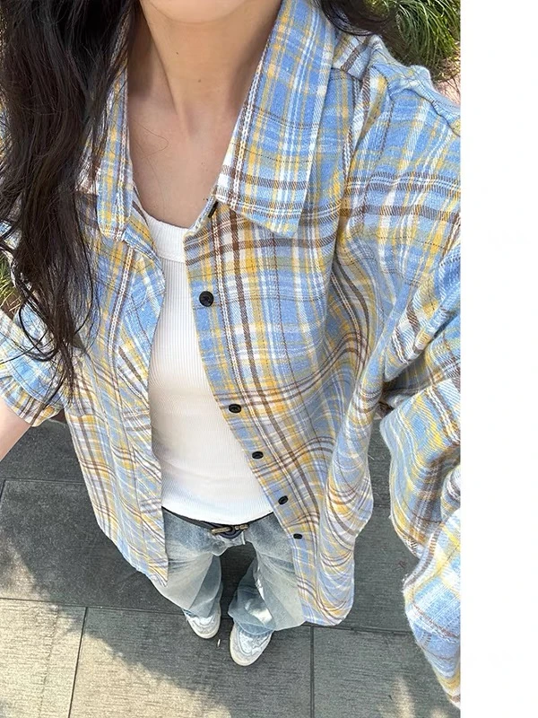 爆款长袖格子衬衫薄款宽松百搭大码洋气纯欲慵懒风女装女士格纹