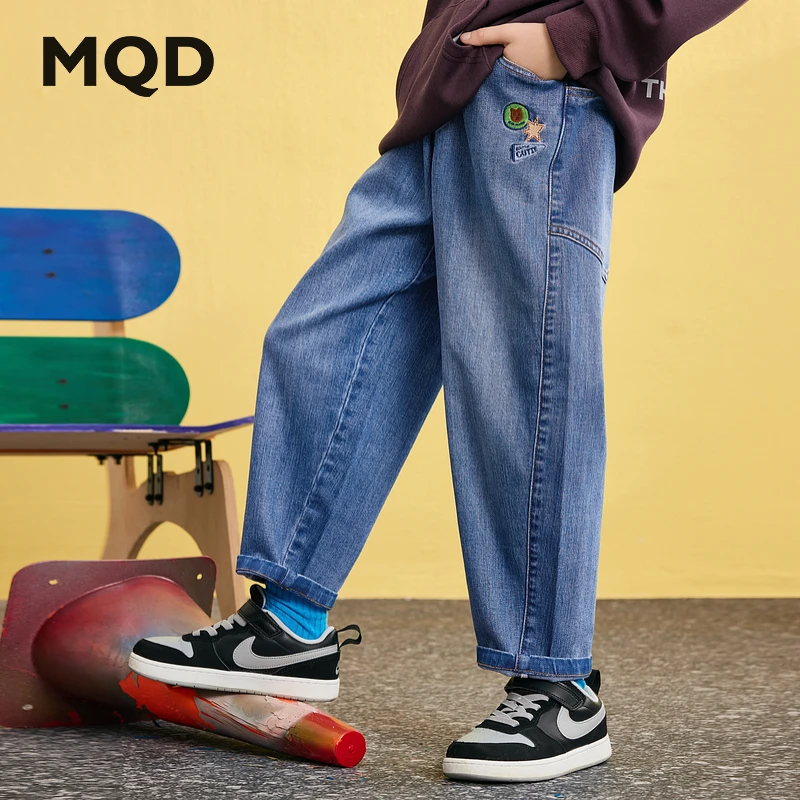 MQD童装男童25春新品学院风休闲百搭水洗锥形裤牛仔裤9651W1423