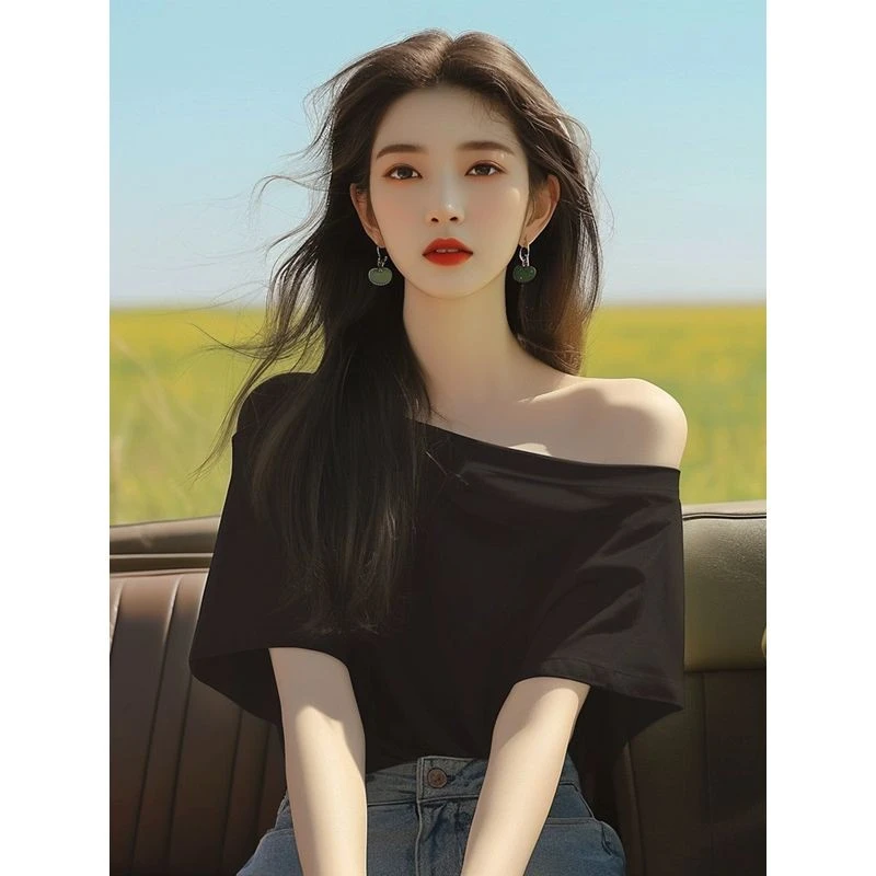 黑色露肩短袖t恤女夏季一字肩斜肩两穿设计感显瘦辣妹小个子上衣
