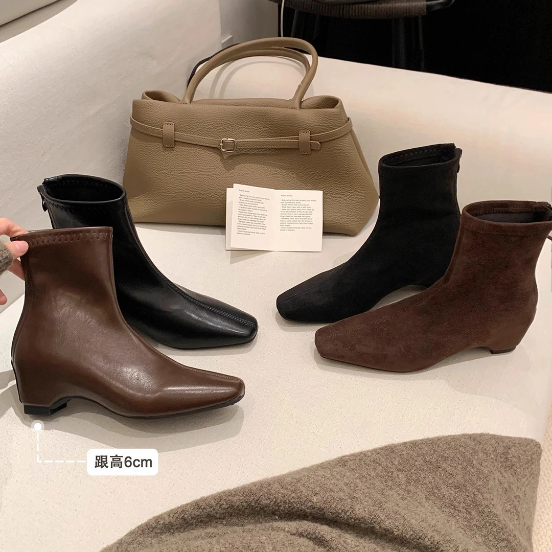 【葡葡女鞋】增高6cm~贵气复古方头绒里后拉链加绒瘦瘦短靴女秋冬季