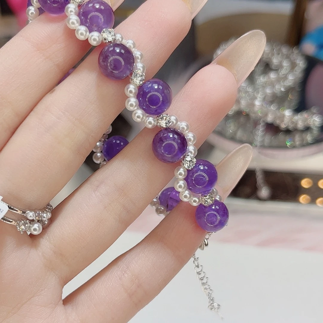 石英石铁合金紫色手链