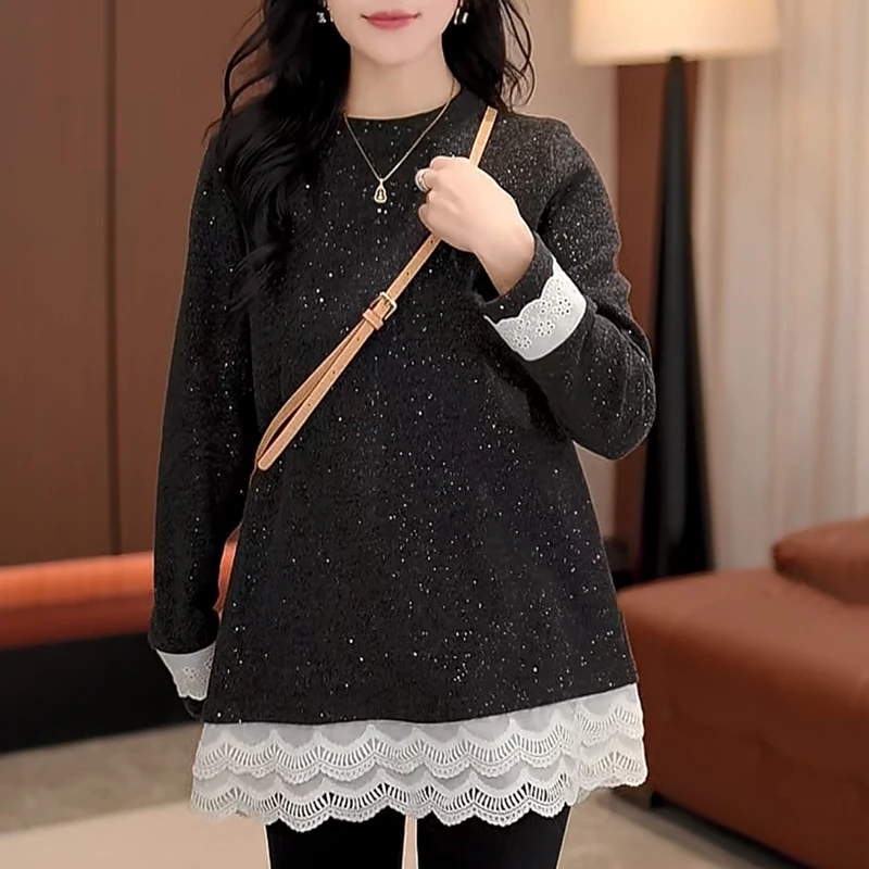 圆领中长款蕾丝拼接内搭打底衫女2025新款时尚百搭显瘦遮屁股上衣