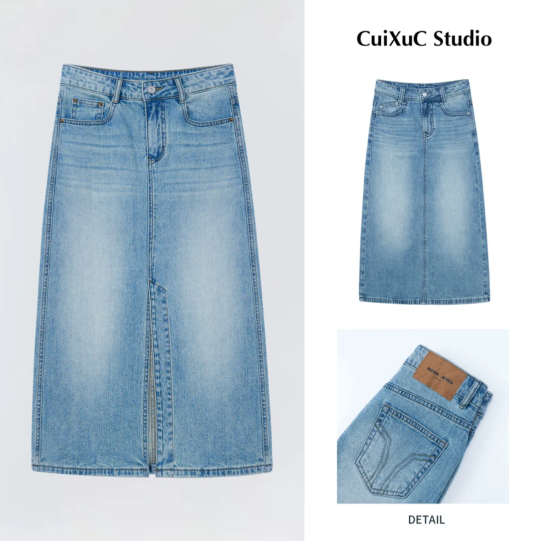 欧诺风-夏薄款“小腔调”A字前后开叉显瘦半身裙高腰牛仔裙