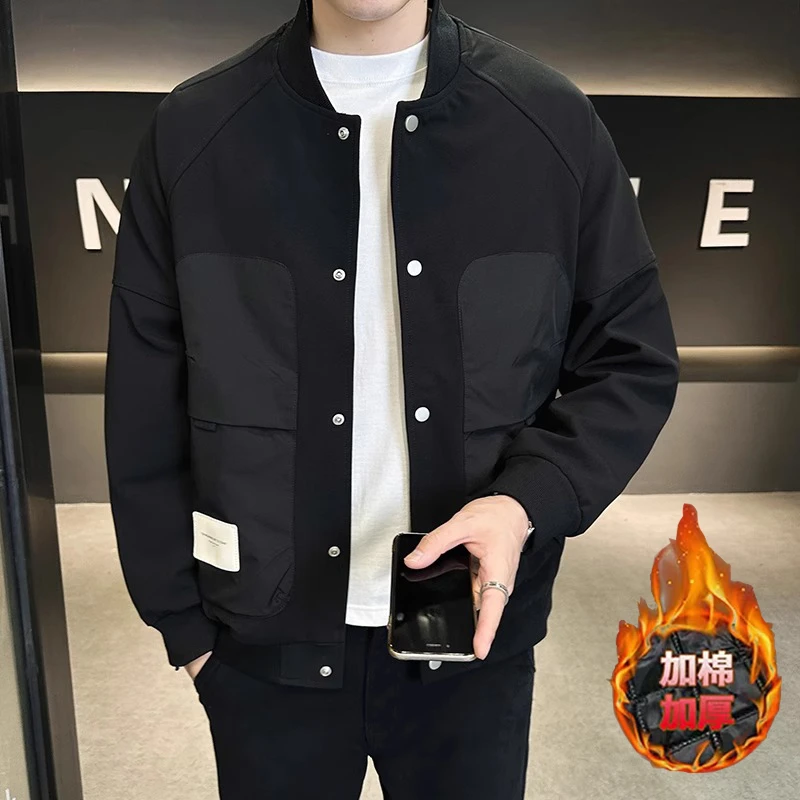 美式拼接外套男加棉加厚休闲夹克百搭2025春秋潮流帅气高级棒球服