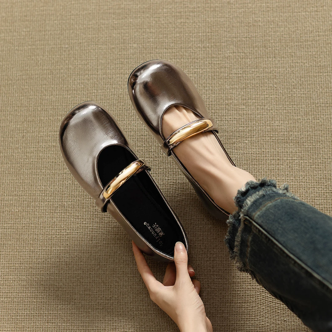 巨软仙女风复古金属扣一字带玛丽珍女鞋枪色百搭圆头平底浅口单鞋