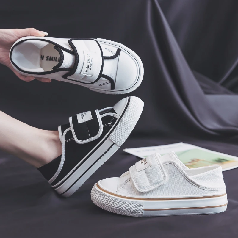 【Mei】春季2025新款一鞋两穿休闲懒人鞋魔术贴帆布鞋女百搭小白鞋