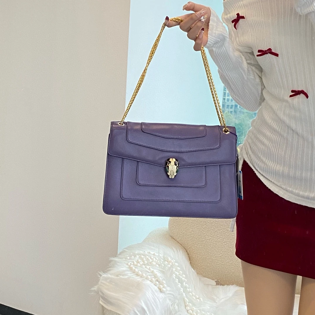 95新 BVLGARI/宝格丽 宝格丽韵味紫蛇头链条单肩包