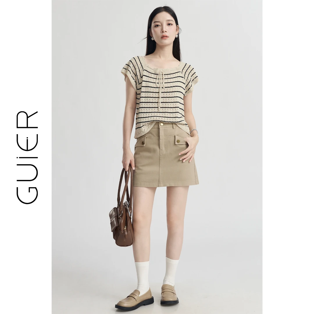 「GUIER」条纹镂空针织衫女夏季小众设计感法式方领上衣G2987