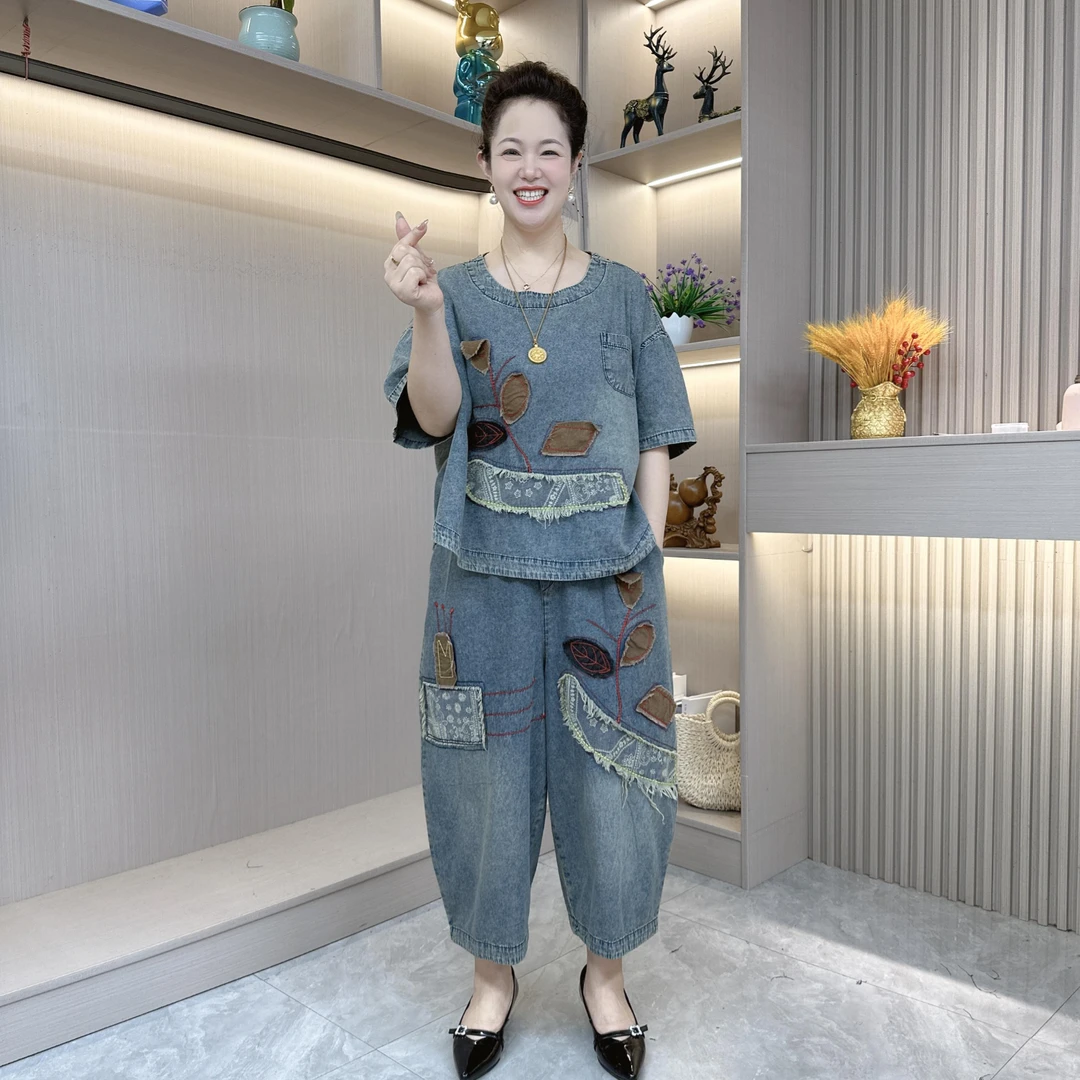夏季新款水洗牛仔时尚洋气妈妈装套装气质减龄显瘦薄款-麦穗8835