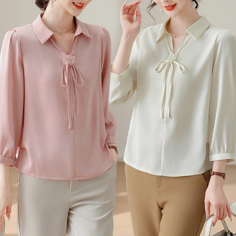 中年妈妈洋气雪纺上衣女士新中式时尚小衫中老年夏装减龄长袖T恤