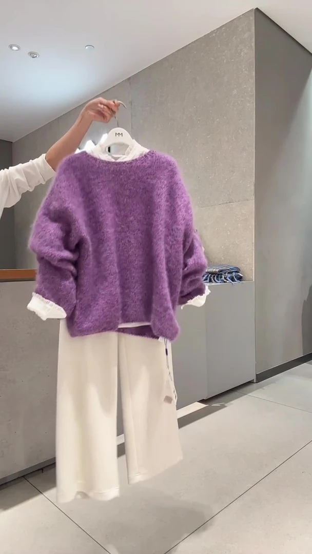 【秘境花园】秋冬高级感气质紫色绿色套头毛衣针织糯米裤长裤套装