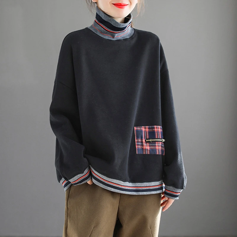 黑色拼接贴布高领卫衣女士民族风加绒保暖宽松百搭长袖套头上衣潮