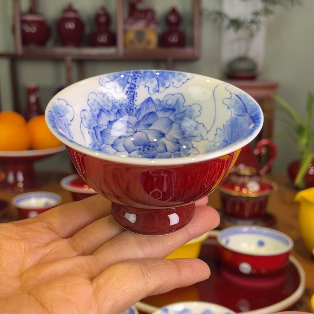 清欢雅玩原矿郎红内绘荷花玉兰杯