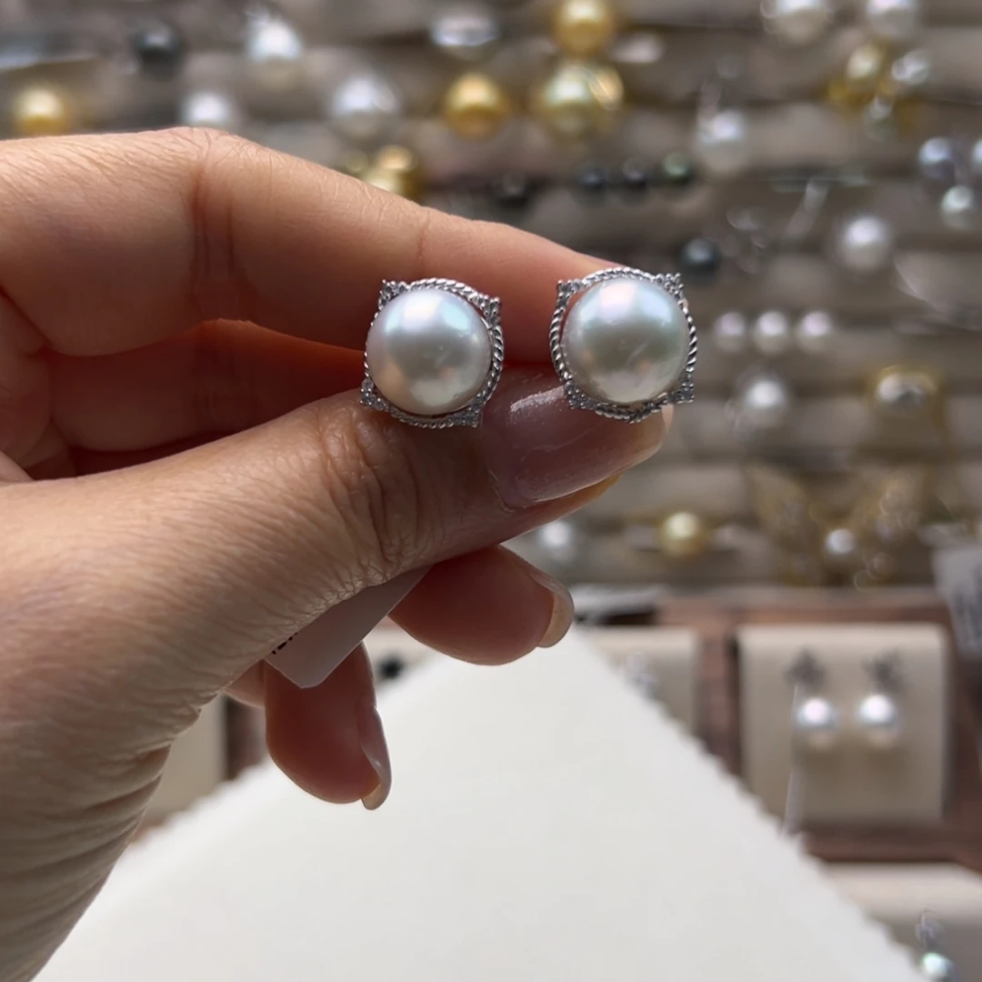 银S925镶嵌耳饰海水珍珠海水冷白澳白牛头背镶耳钉