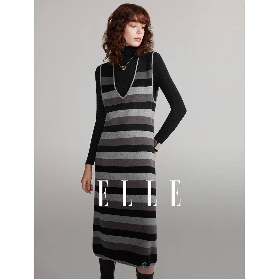 ELLE法式条纹优雅无袖V领连衣裙女2025春季新款设计感别致EL50343